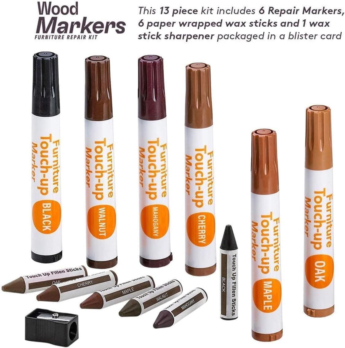 katzco Furniture Repair Kit Wood Markers, Set of 13, Markers and Wax Sticks with Sharpener, for Stains Scratches, Floors - Image 3