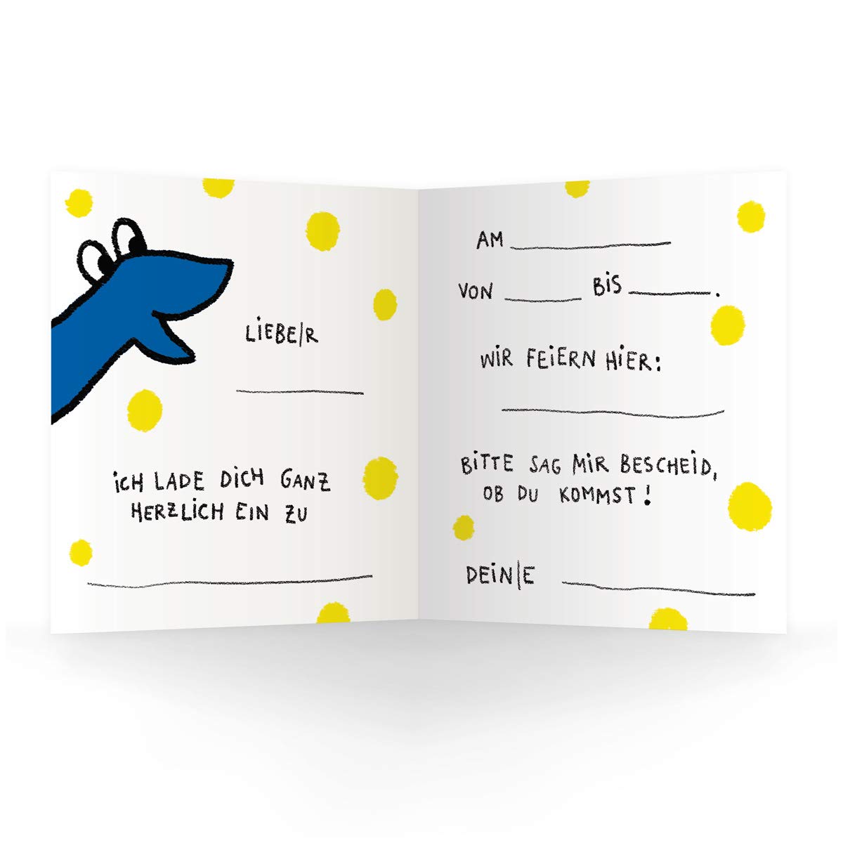 Kartenkaufrausch 12 x Lustige gelbe Einladungskarte zum Kinder-Geburtstag mit Innendruck (quadratisch, 15,5x15,5cm inkl Umschlag) mit blauem Fabelwesen: Einladung - große XL Karte für Schul-Kinder
