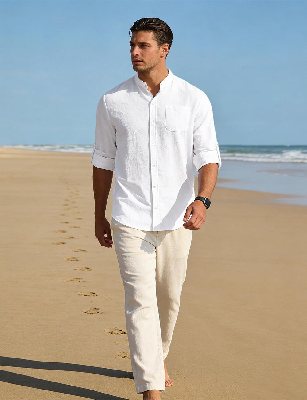 Men's Cotton Linen Shirts Long Sleeve Button Down Shirt Band Collar Beach Summer Casual Shirts