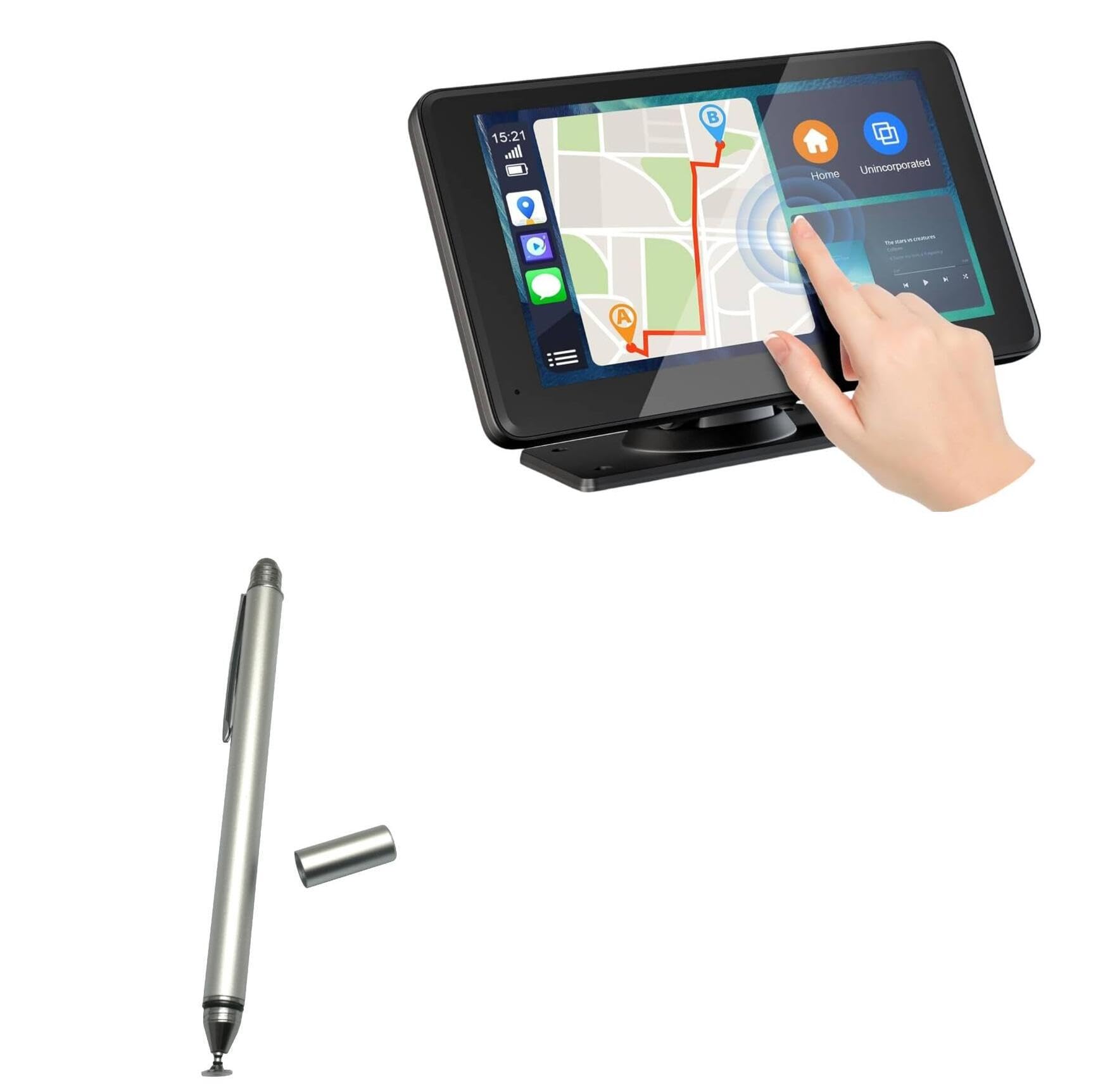 BoxWave Stylus Pen Compatible with APOKAMORI Portable Apple Carplay (7 in) - DualTip Capacitive Stylus, Fiber Tip Disc Tip Capacitive Stylus Pen - Metallic Silver