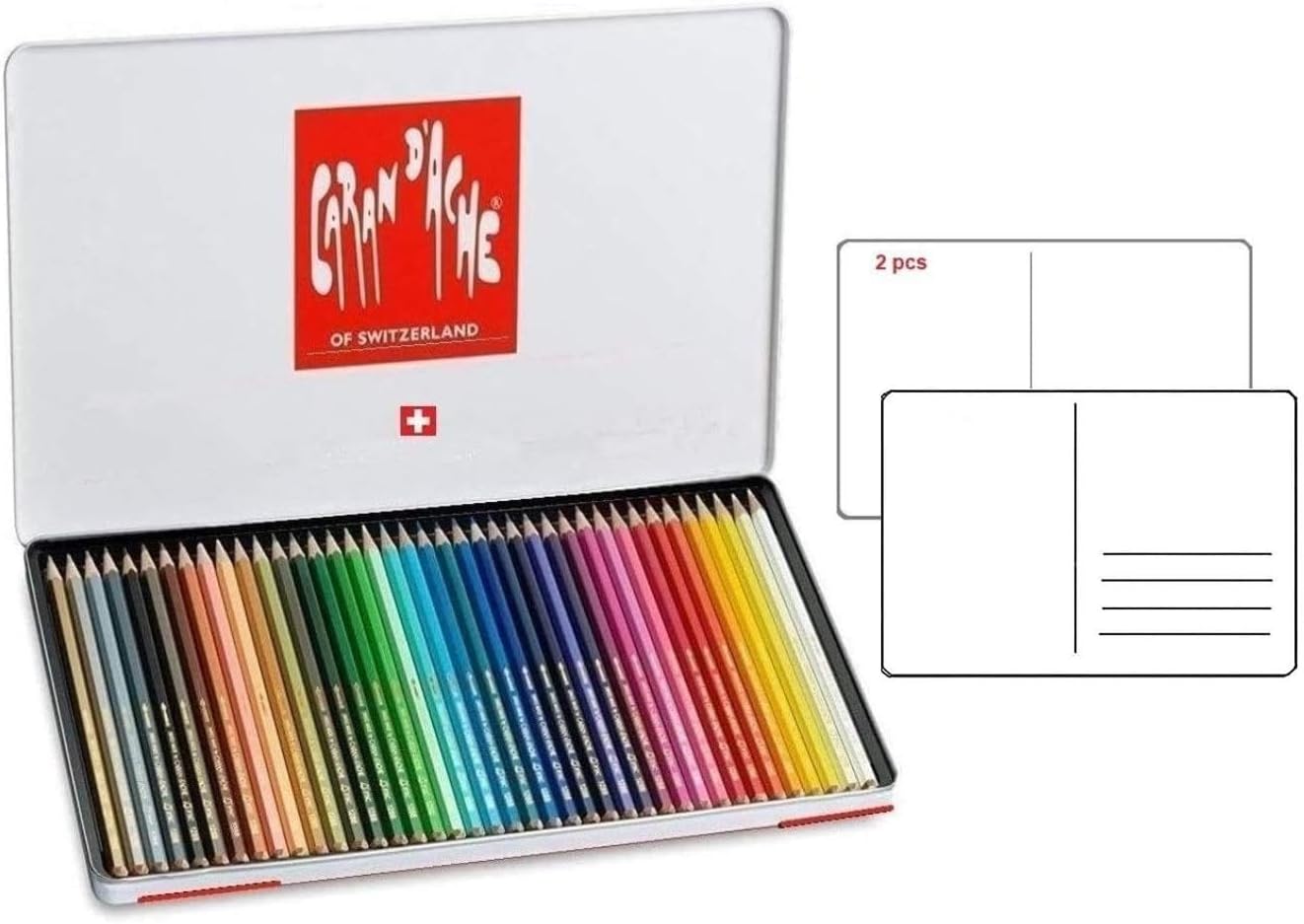 Caran D’Ache Swisscolor Aquarellstifte, 40 Stück In Metallbox – Wasserlösliche Farbstifte Mit 2 Karten