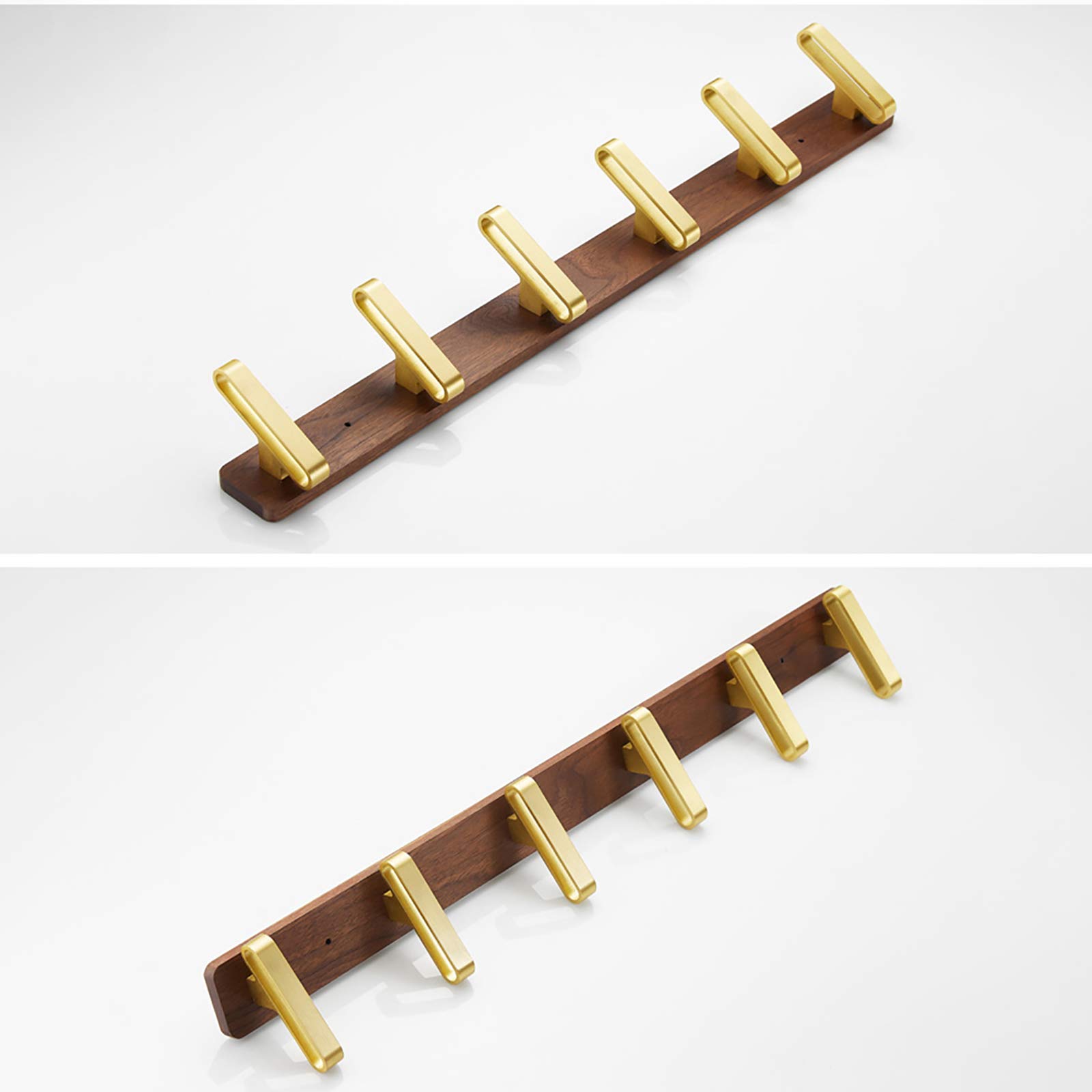 Handtuchhaken Gebürstetes Gold Kleiderhaken Wandhaken Hakenleiste Walnuss + Aluminium Mantelhaken, Garderobenhaken für Küche, Büro, Bad, Schraube Installation,5 hooks