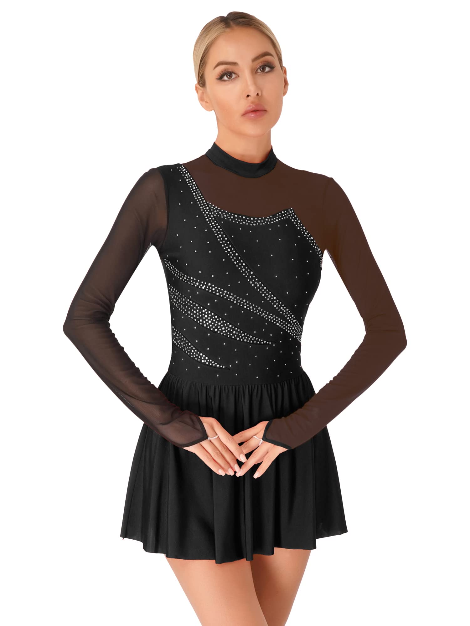 iEFiEL Damen Langarm Ballettkleid Eiskunstlauf Kleid mit Glitzer Kristallen Ballettkleidung Gymnastik Leotard Turnanzug Tanzkostüm