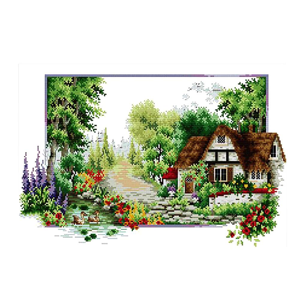 KBOLAE Cottage Garden Stamped Cross Stitch Kit DIY Handmade Needlework 14CT 50x33cm