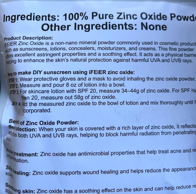 iFEiER Zinc Oxide Powder | 4oz (114g) 100% Pure Non Nano Uncoted Zinc Oxide Powder for Skin Protection | Cosmetics Grade Ideal for DIY Sunscreen, Lotion, Deodorant, and Skincare