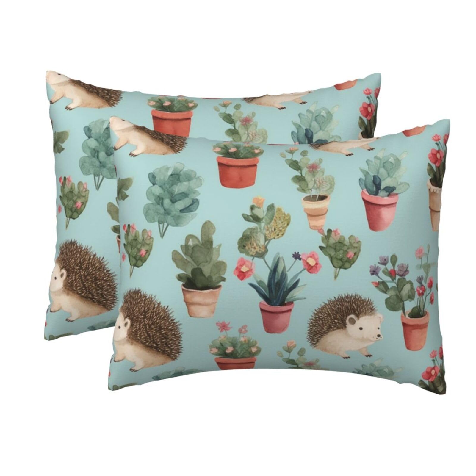 2 Pack Standard Size Pillow Cases for Hair and Skin Soft Breathable Pillow Case Covers with Hidden Zipper Hedgehog Potted Flower Pillowcase 20x26 Inches Pillow Cover for Sleeping Gift