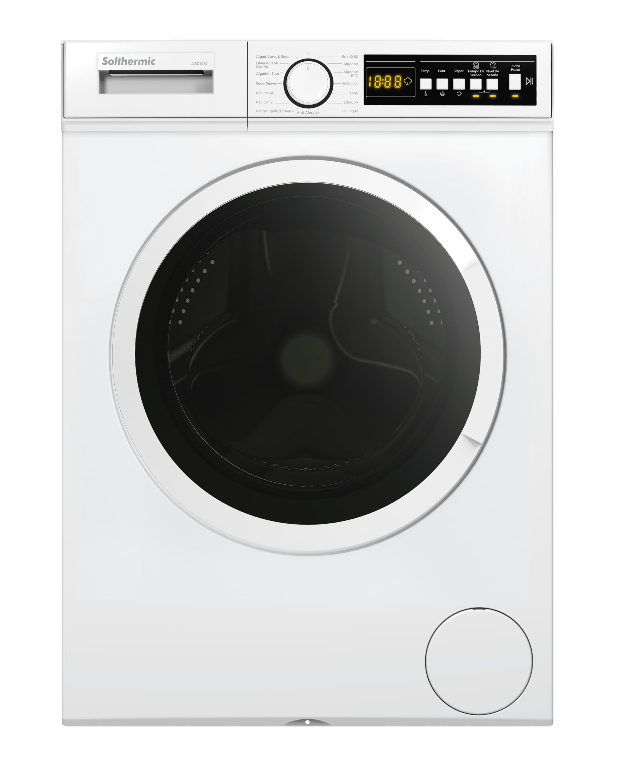 SOLTHERMIC LAVADORA SECADORA LVSC106V 10-6 KG / 1400RPM / CLASE B / 15 PROGRAMAS/PROGRAMA RAPIDO 12-30 MIN SI/AJUSTE TEMPERATURA Y GRADO SUCIEDAD SI/INICIO DIFERIDO SI/BLOQUEO NIÑOS