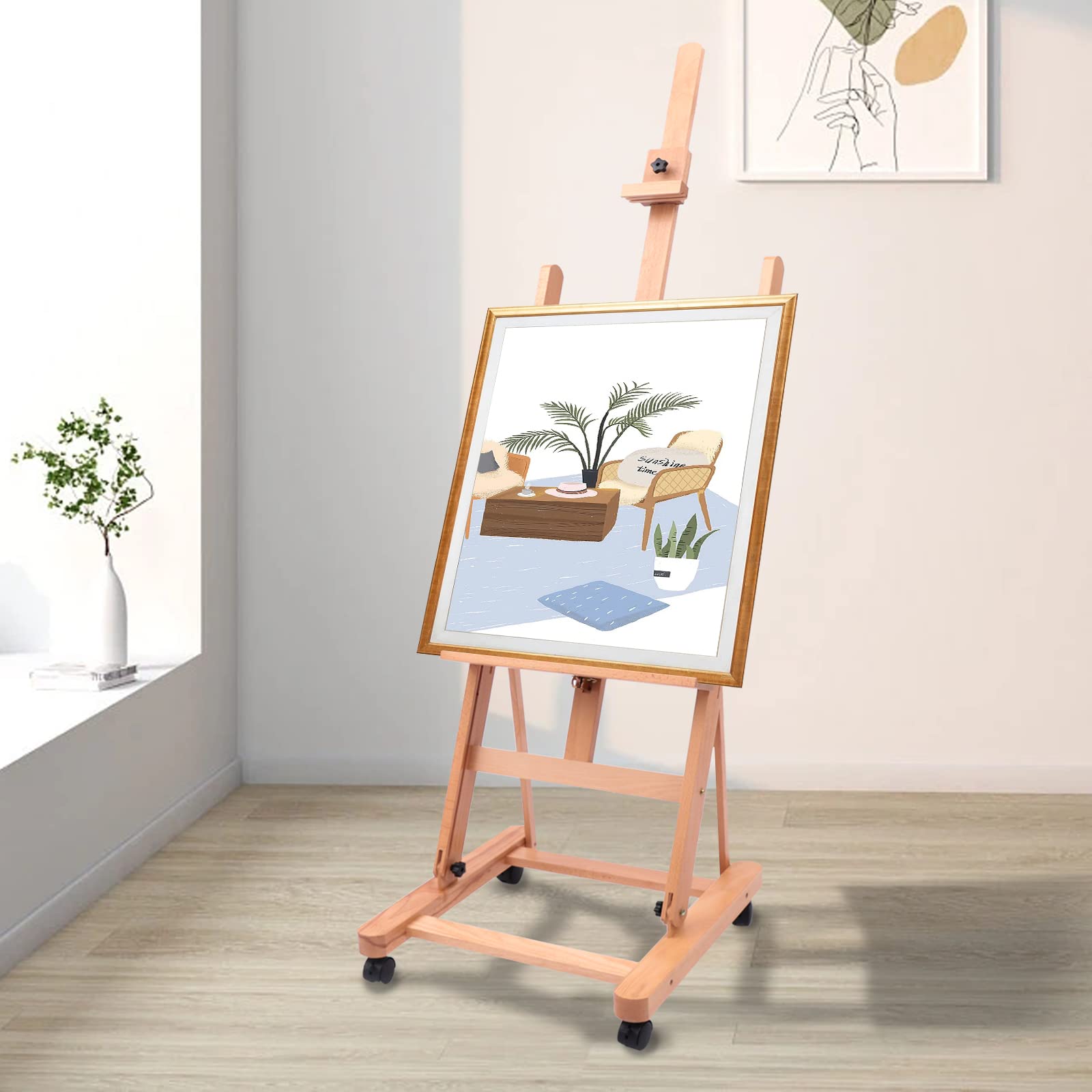 Caballete de estudio con marco en H, Caballete de arte profesional con ruedas (fijador), altura ajustable de madera de haya, caballete de bocetos para pintura al óleo, bocetos publicitarios, etc