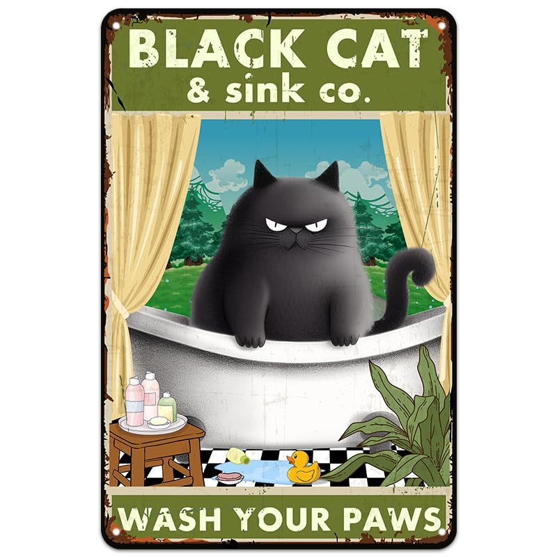 Retro Black Cat Metal Tin Signs Sink Wash Your Paws Plaque Wall Decor Vintage Funny Bathroom Signs Wall Art Accessories Gifts for Cat Lovers 12x8 Inches