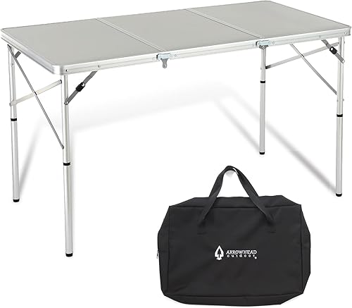 ARROWHEAD OUTDOOR Mesa plegable con marco de aluminio portátil de 4 pies con pies de nivelación, superficie de mesa sólida, 2 alturas ajustables,
