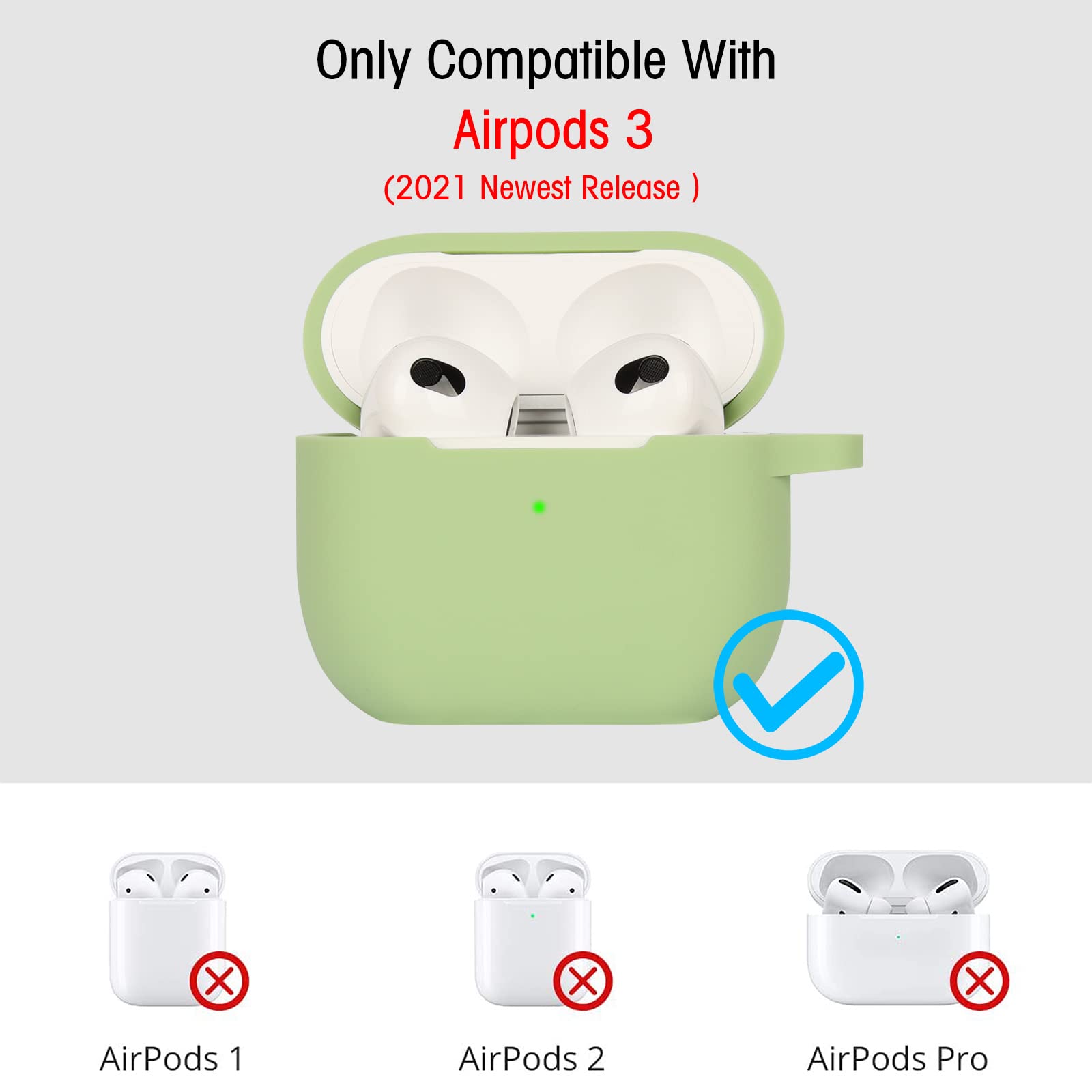 Protective Case Compatible with AirPods 3, Anti-Shock Silicone Protective Cover, Soft Non-Slip Protective Case for Airpods 3rd Generation with Carabiner, Matcha Green - 2