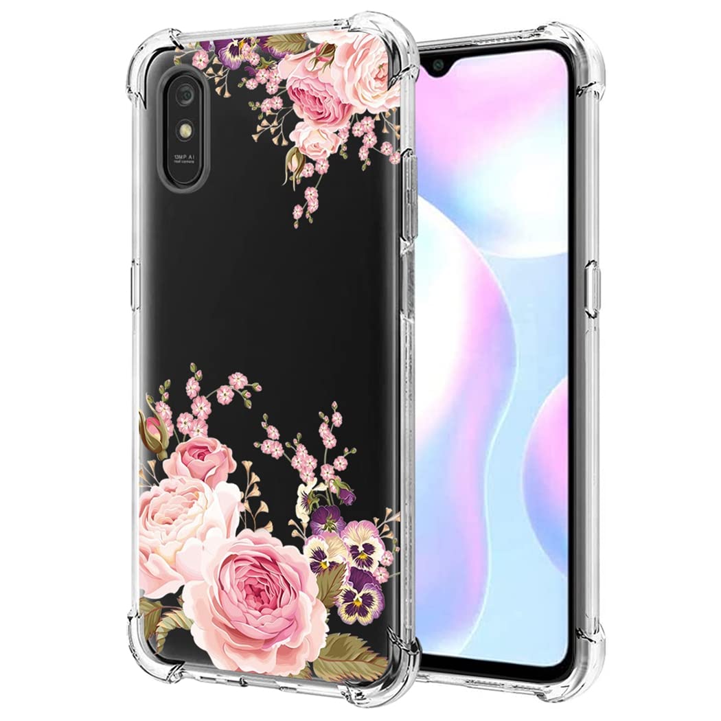 Custodia Redmi 9A/9i Con Protezione In Vetro Temperato - Cover Antiurto Floreale Rosa