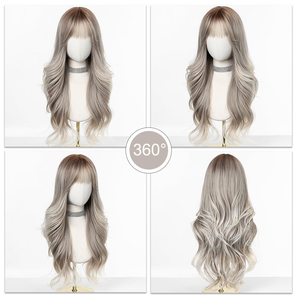 Esmee Parrucche Lunghe Ondulate Bionde per Donne con Frangia Capelli Sintetici Naturali con Ombre per Uso Quotidiano e per Feste