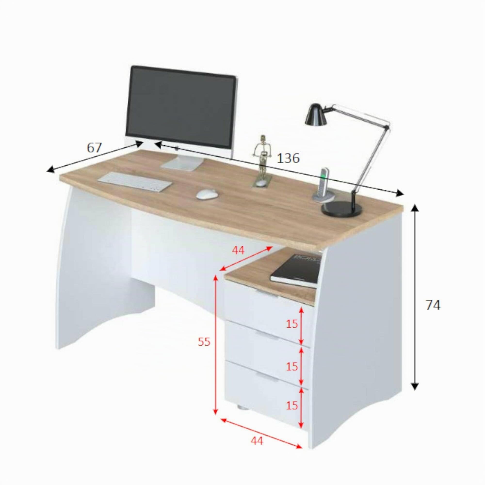 Dmora - Scrivania Carrollton, Scrittoio da ufficio, Tavolo da studio porta PC con 3 cassetti, 136x67h74 cm, Bianco e Rovere