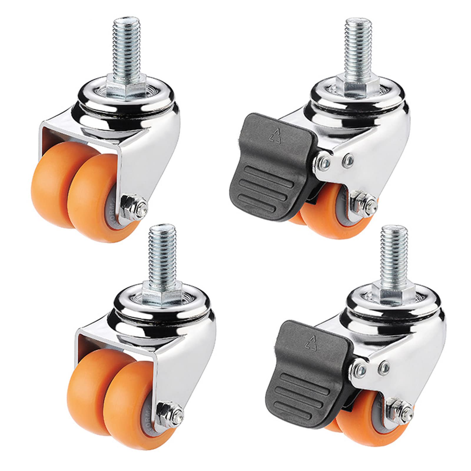 GBRJUYF Heavy Duty 1.5” Rubber Caster Wheels 4-Pack with M12 Threaded Stem, Swivel Design, Silent & Wear-Resistant, 2 Brakes & 2 No Brakes for Effortless Mobility