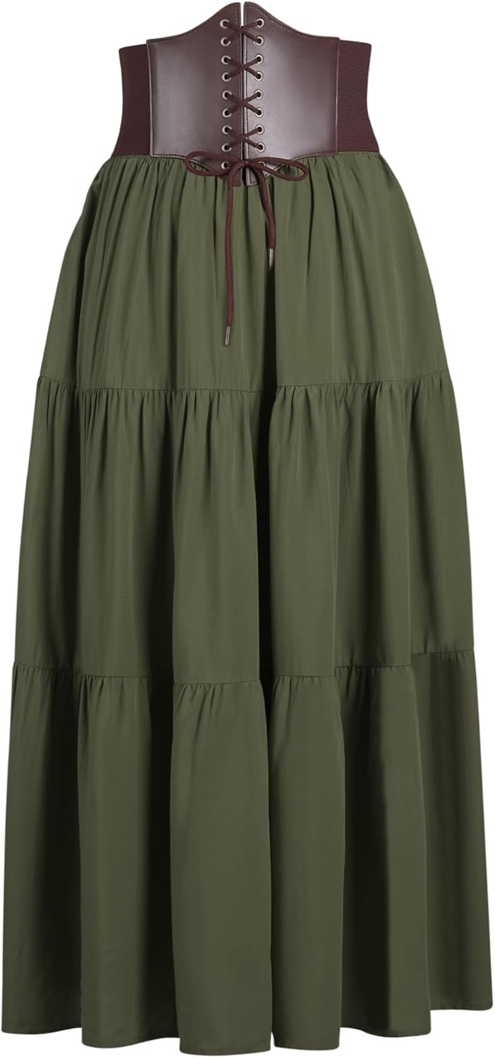 YESSA Womens Renaissance Flowy Skirt with Corset Belt,High Waist Ren Faire Medieval Skirt with Pocket,Pirate Costumes Outfit - Image 6