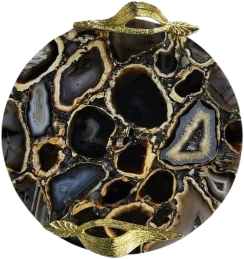 Luxury Marble Tray with Stylish Metal Handles, Vanity Tray, Marble Serving Tray for Kitchen, Counter, Dresser, Nightstand and Desk Metals Handles (Round) (White (Selenite Stone))