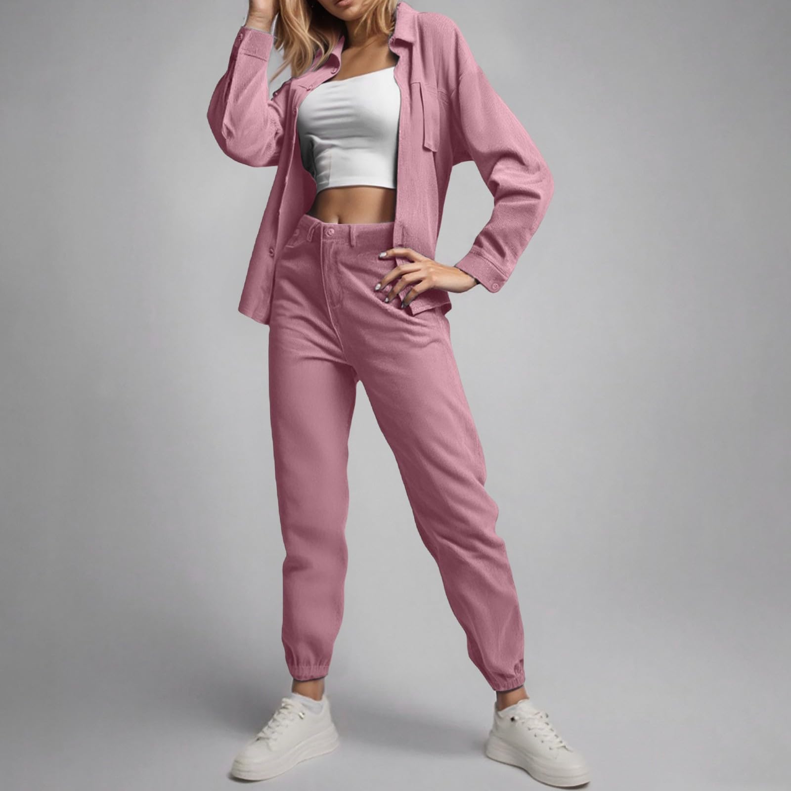 Generisch Damen-Set mit Retro-Revershemd Cordhose in Übergröße für vielfältige Anlässe stilvolle Eleganz mit modernem Design Trainingsanzug Damen Pullover Sweatshirt Jogginghose