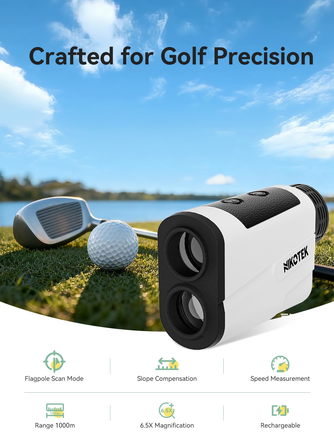 NIKOTEK Télémètre de golf avec inclinaison, 1000 m/1093 yards, télémètre rechargeable, verrouillage de drapeau, mesure de scan pour golfeur, sac de transport