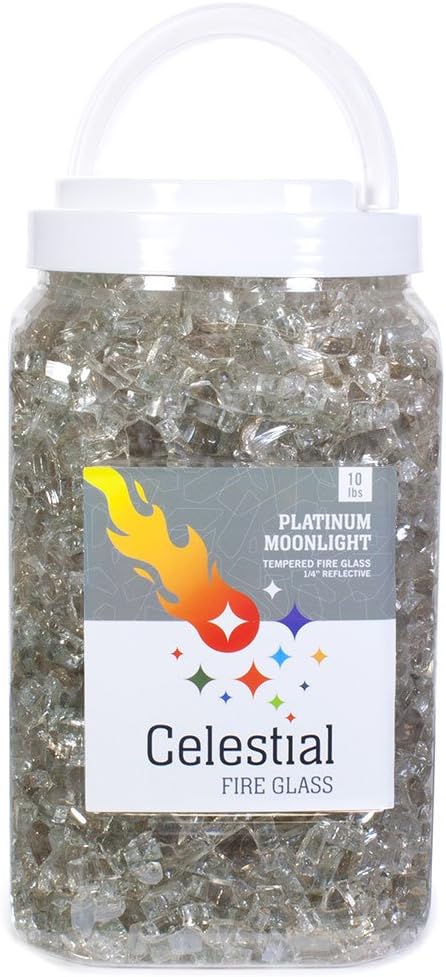 Celestial Fire Glass High Luster, 1/4" Reflective Tempered Fire Glass in Platinum Moonlight, 10 Pound Jar