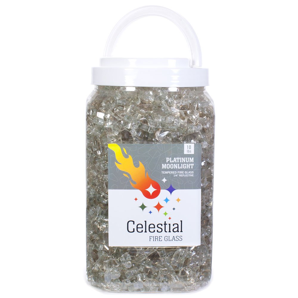 Celestial Fire Glass High Luster, 1/4" Reflective Tempered Fire Glass in Platinum Moonlight, 10 Pound Jar