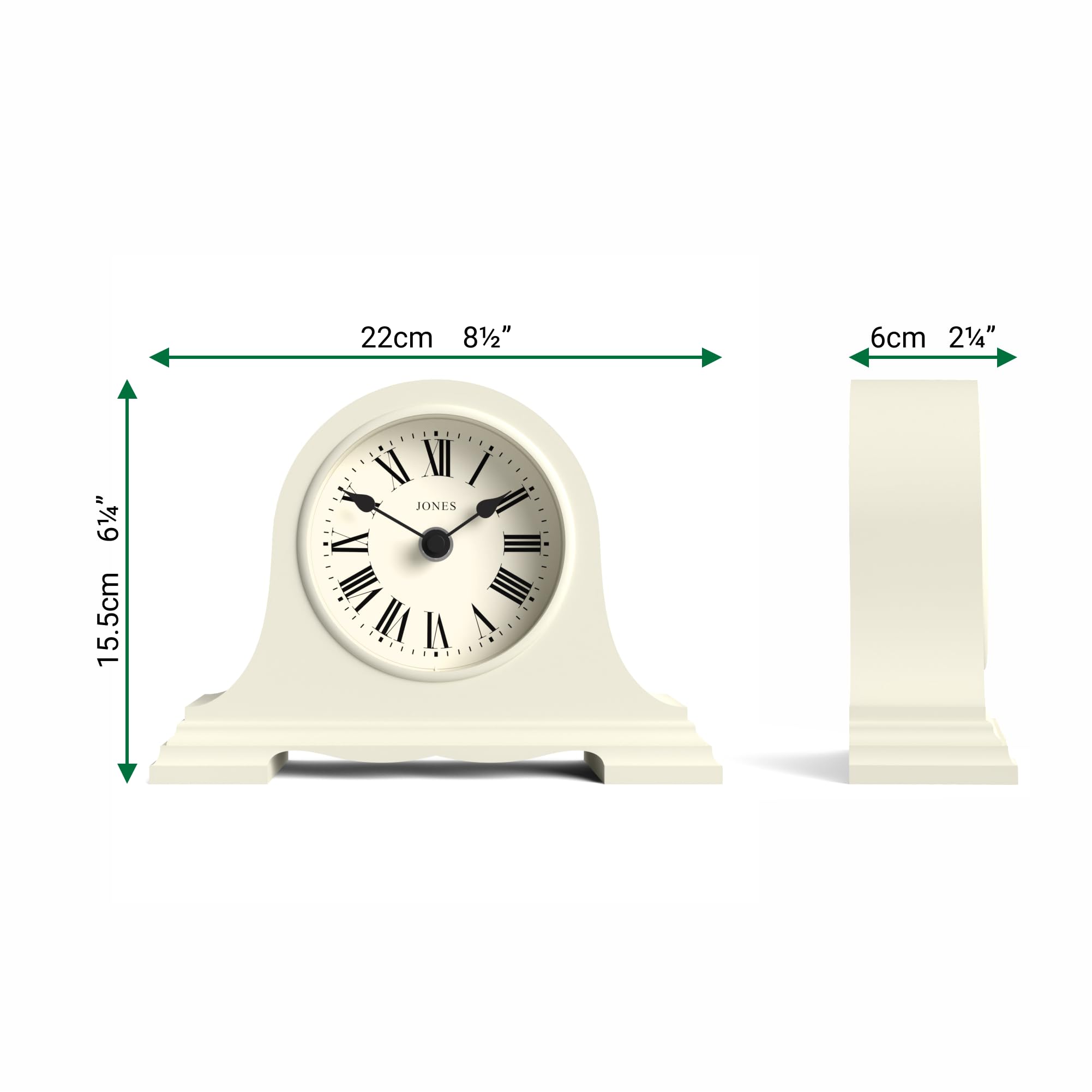 JONES CLOCKS® Speakeasy Reloj de repisa pequeña | Diseño clásico del Sombrero de Napoleón | Crema Pálida | Números Romanos | Estilo Tradicional para Escritorio, Mesa, estantería o mesilla