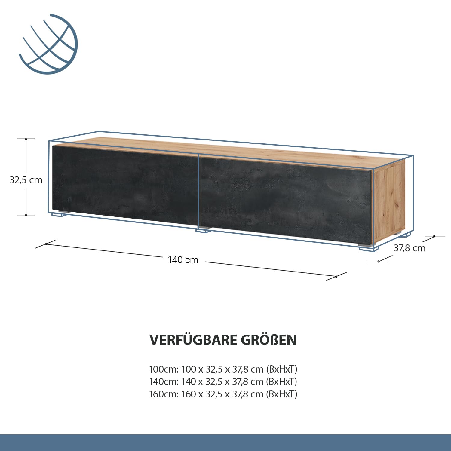 Planetmöbel TV Schrank 280 cm Wohnwand Lowboard Set für Fernseher 65 Zoll | Wohnzimmer Fernsehtisch viel Stauraum, hängend, 2x Fernsehschrank 140 x 30 x 37,5 cm, gold eiche & charcoal