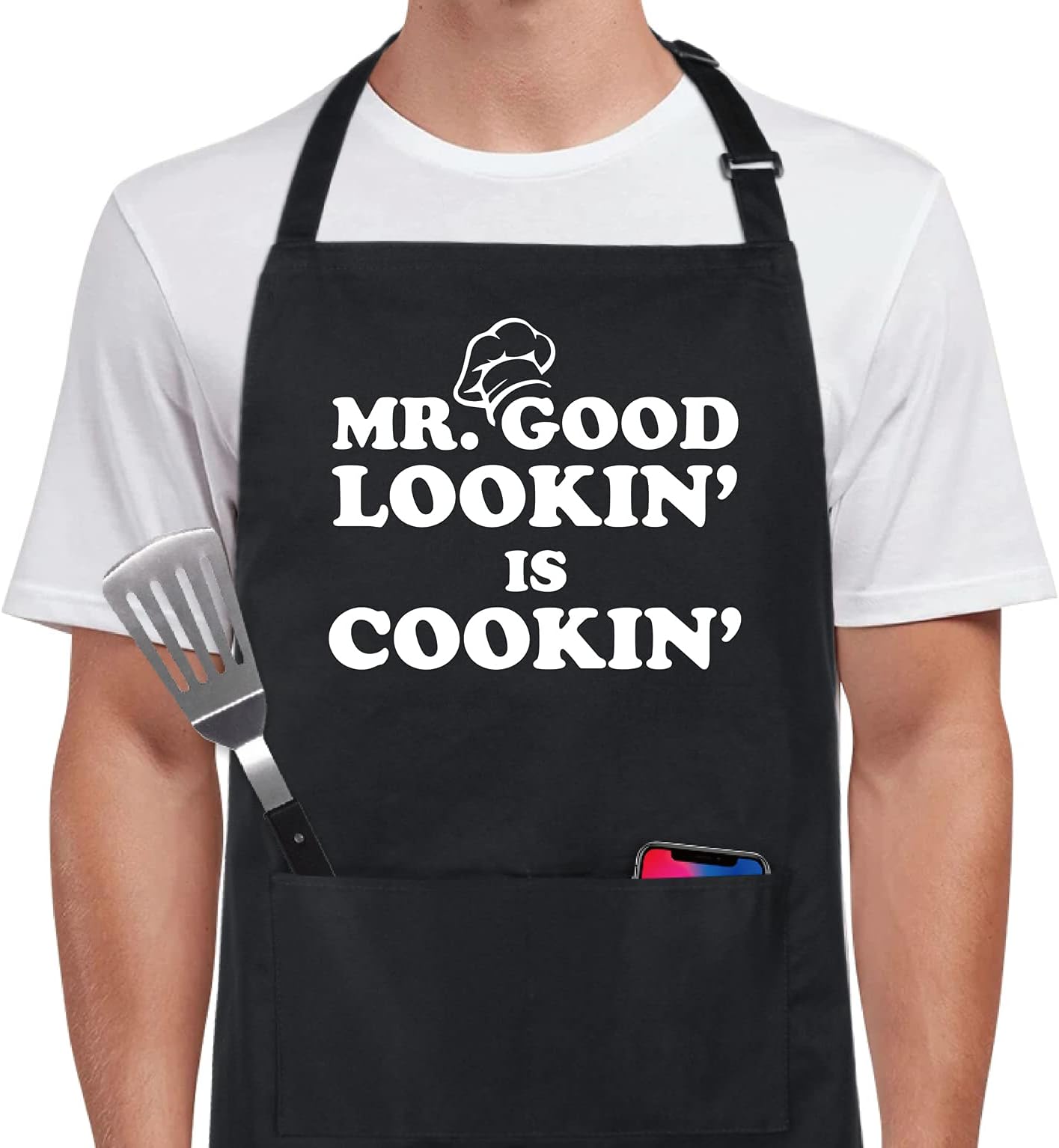 Xornis 100% Cotton Funny Apron with 2 Pockets for Men Women BBQ Grilling Adjustable Bib Black Aprons Gifts Cooking Kitchen