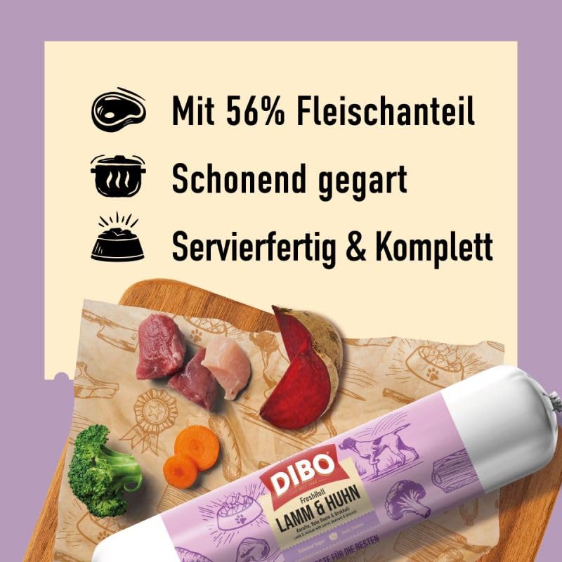 DIBO FreshRoll Lamm & Huhn 14,40 kg (18 x 800g) – Schonend gegartes Alleinfuttermittel für Hunde in Wurstform - Ideal für Sensible Hunde, Hochwertiges Lamm- & Hühnerfleisch mit Amaranth & Gemüse
