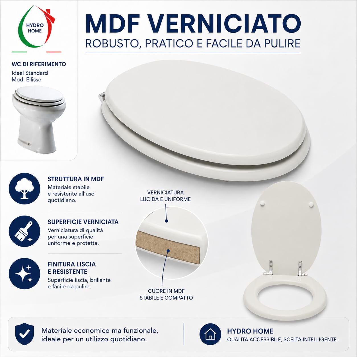 Hydro Home Copriwater Compatibile Ellisse Ideal Standard Bianco EUR, Sedile WC in MDF Verniciato, Tavoletta Water con Cerniere in Metallo e Fissaggio dal Basso