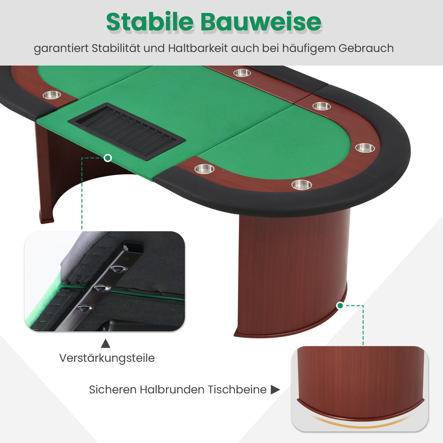 AVAWING Pokertisch für 10 Spieler, 9 Getränkehalter, abnehmbare Chipablage, gepolsterte Armauflage, Braun & Grün