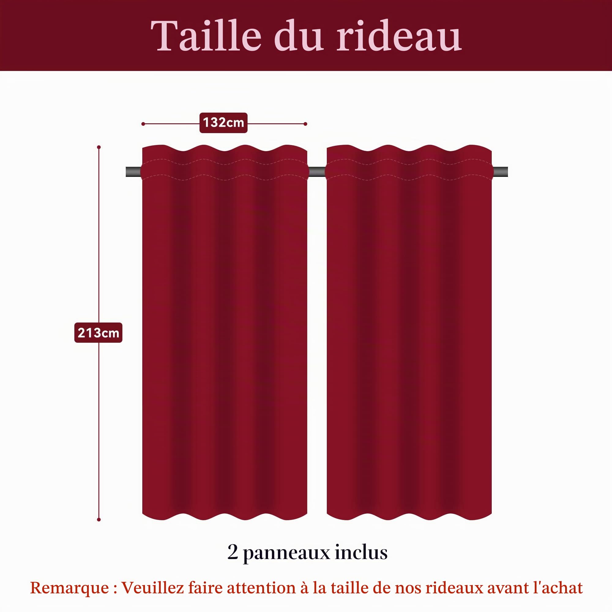 Rideaux Occultants Damassés avec Doublure Blanche, Rideaux Thermique Isolant Anti Chaleur/Froid 132x213cm 2 Panneaux Décoration Chambre Salon (Bordeaux)
