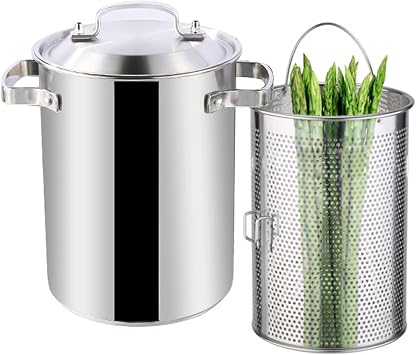 Asparagus Pot Home Deep Fryer Pot with Steamer Basket Steamer and Steel Lid/Multipurpose 4L Pasta Pot Vegetable Cooker Steamer for Kitchen French Fries, Chicken - Induction