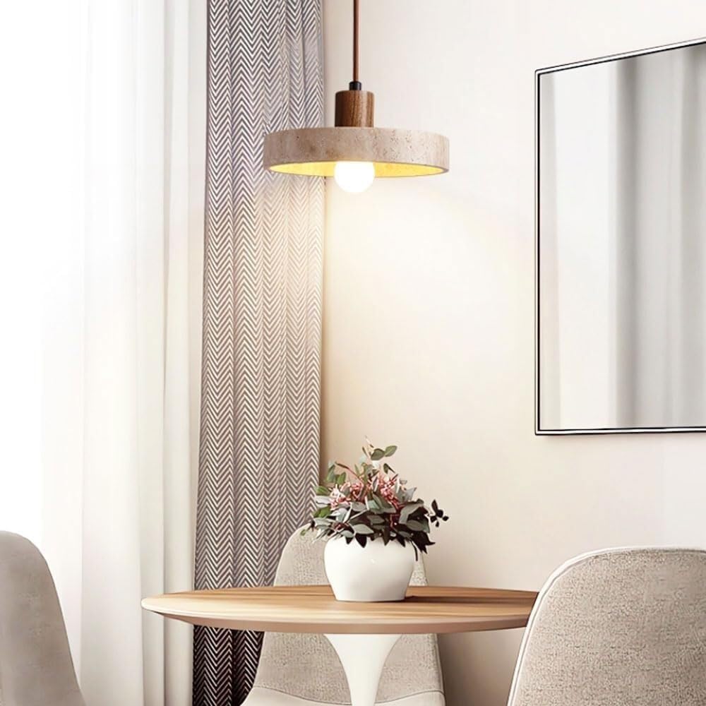 Pendelleuchte aus Japanischem Gelbem Travertin, Hängelampe aus Rundem Naturstein im Nordischen Stil mit Holzdetail Kronleuchter für Kücheninsel Schlafzimmer Nachttisch(Wood)