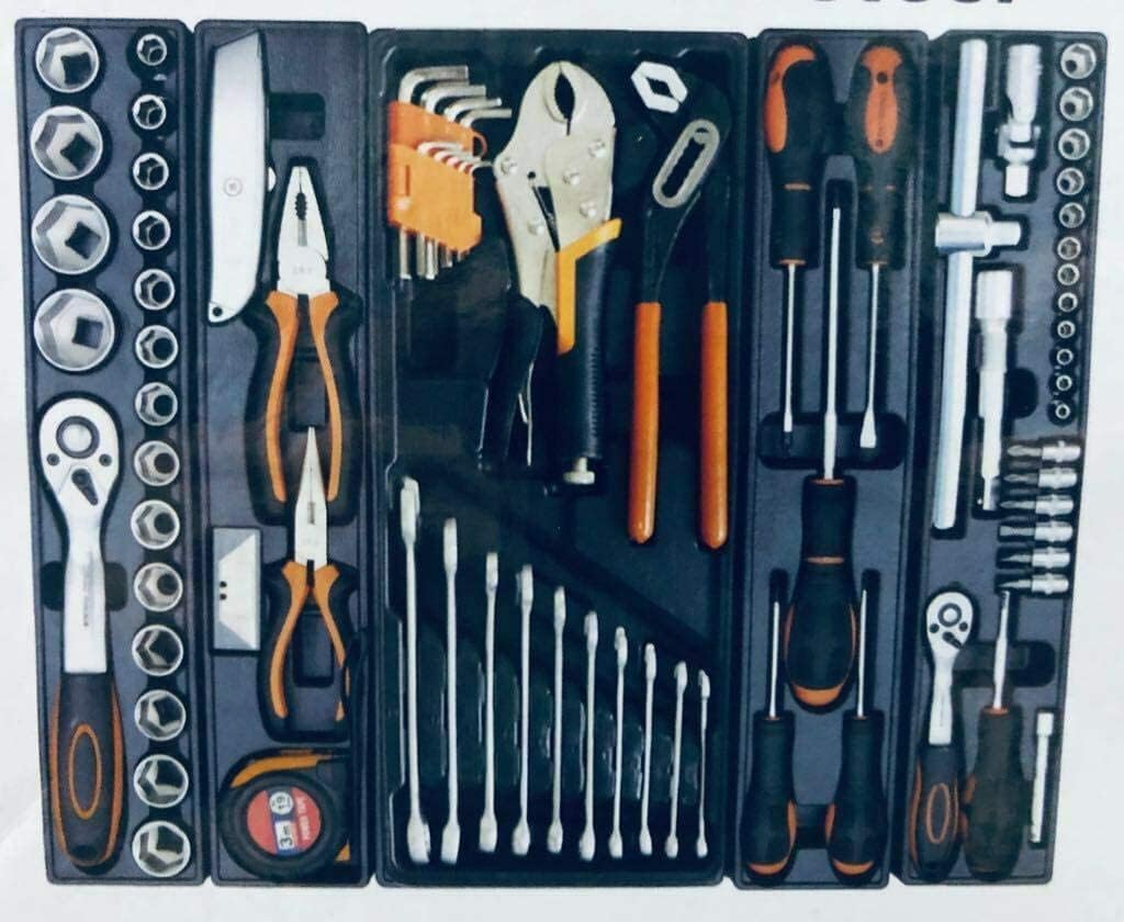 Cassetta Attrezzi in Metallo con Cricchetto e Bussole 1/2” e 1/4” + Pinze + Chiavi Combinate + Cacciaviti + Punte e Accessori – Kit Utensili Completo Portatile per Auto, Casa, Officina, Fai da Te