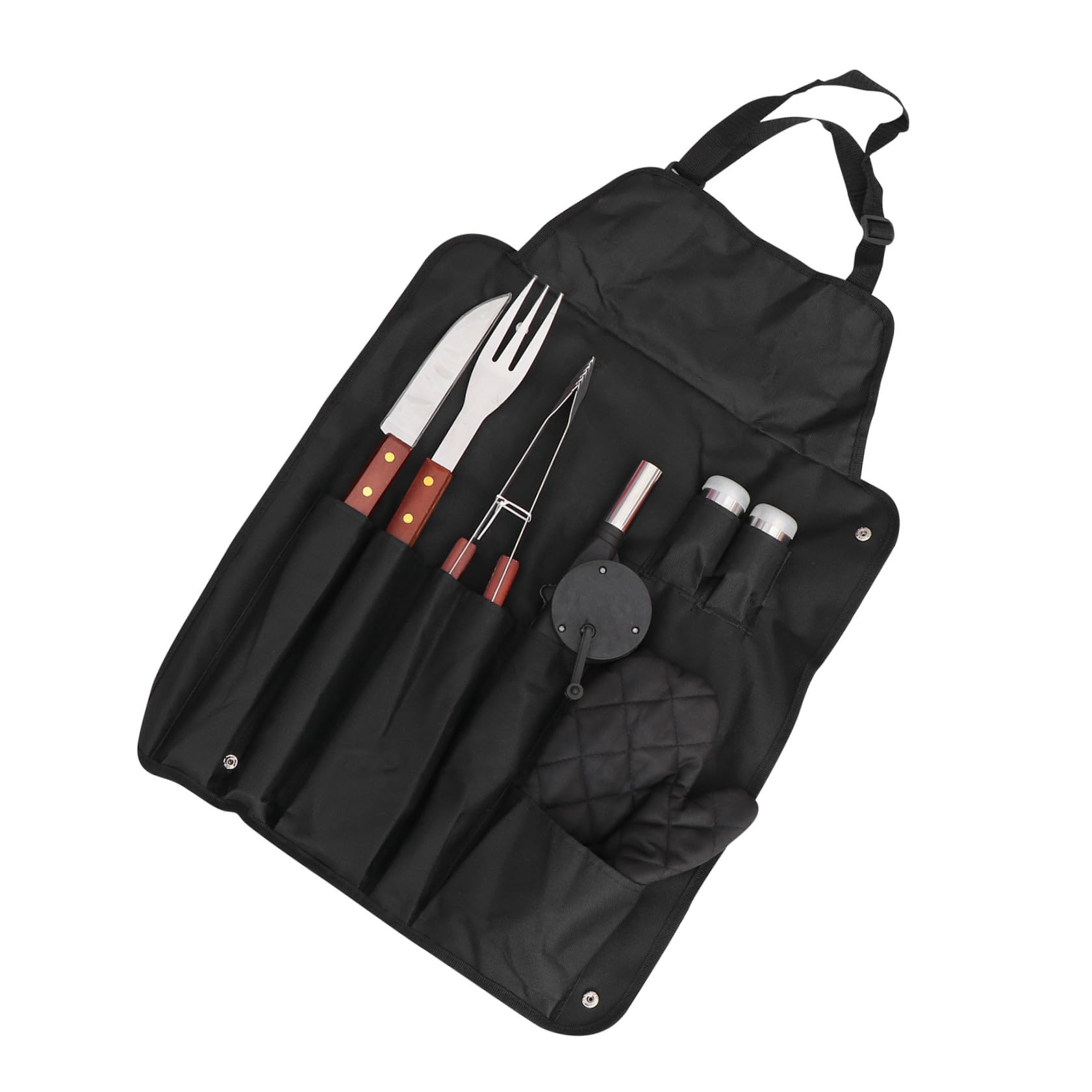 Set Utensili Barbecue Portatile Acciaio Inox Guanto | Nero, Manico in Legno, Borsa Inclusa, per Campeggio e Outdoor, Accessori per Griglia