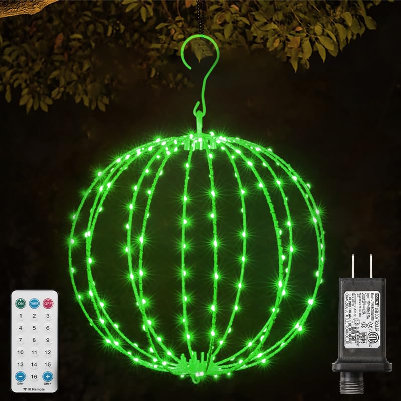 12INCH Green St. Patrick's Day Decorative Ball Light,Foldable Metal Sphere Lights, Connectable Waterproof 16 Modes with Timer, Hanging Tree Globe