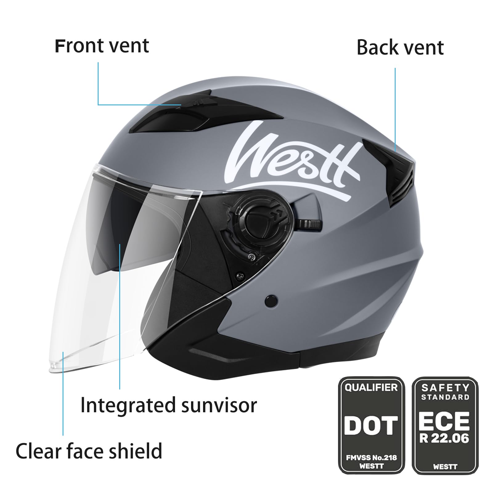 Westt casco moto casco jet doppia visiera omologato ECE 22.06 casco scooter caschi scooter per donna e uomo nero grigio bianco
