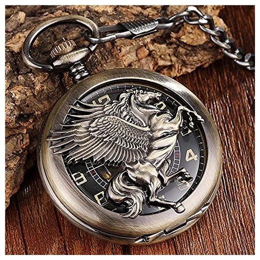 Exquisite gift - Pocket Watch Vintage Unique Bronze Horse Mechanical Pocket Watch Män FOB Kedja ihålig häst med vinge Pegasus Design Steampunk Pocket Klockor (Color : Watch)