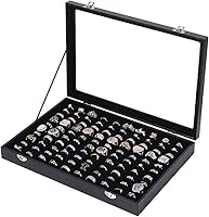Ausalivan Ring Holder Organizer Box - 100-Slot Jewelry Display Case with Glass Lid for Rings, Earrings, Necklaces (Black)