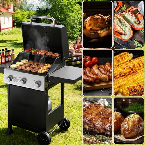 Image of Veralune 3 Burner Gas Grill, Outdoor Propane Grill with Wheels, 445 SQ. IN | Garden Barbecue Grill, 36000 BTU, Folding Side Tables, Cast Iron Cooking Grates for, Outdoor Cooking