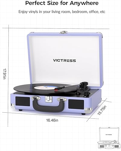 Miniatura 10 de Tocadiscos de maleta portátil Bluetooth con altavoces estéreo, tocadiscos de 3 velocidades, grabación USB a digital, conector RCA/AUX/para Lavanda
