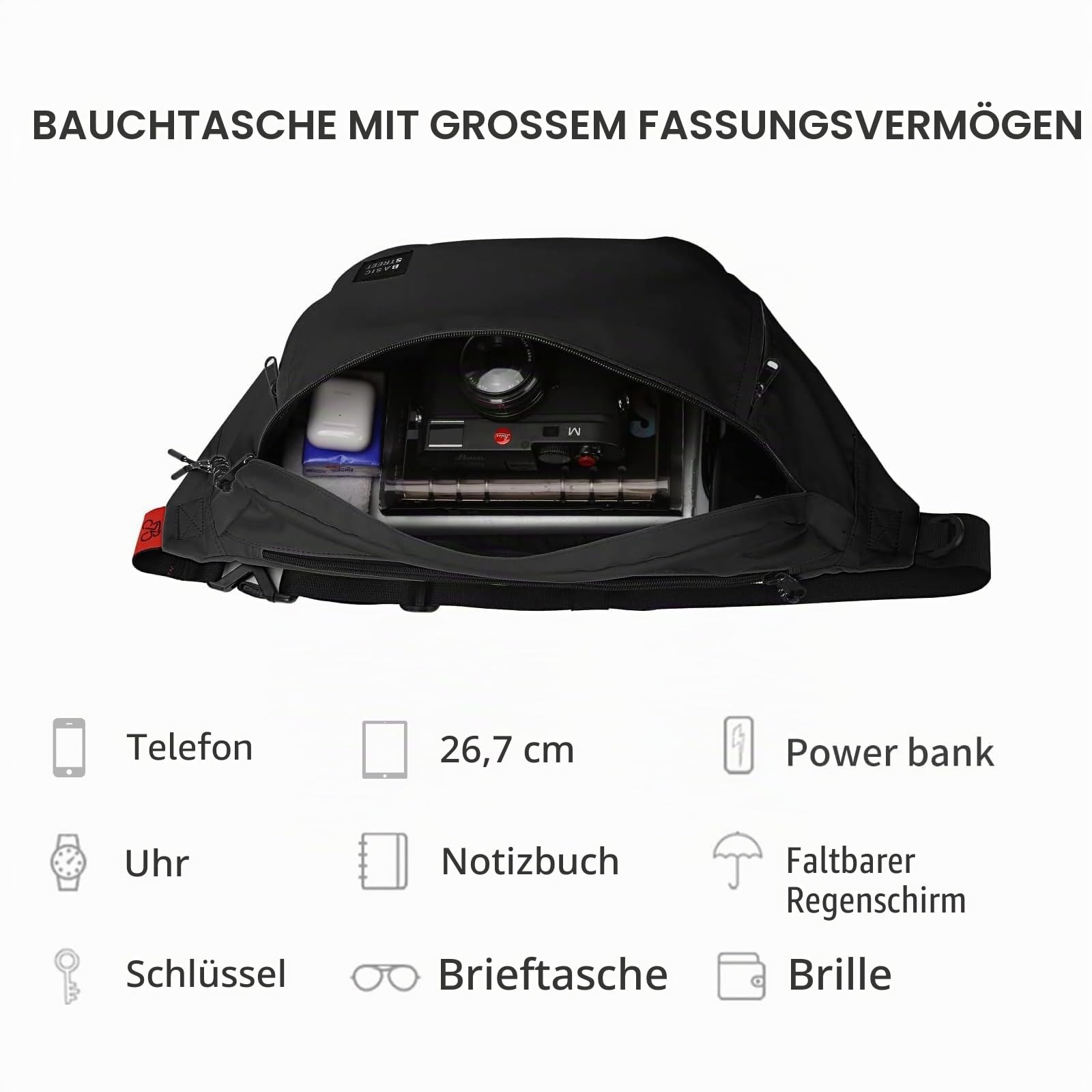 Große Gürteltasche in Übergröße für Männer und Frauen, wasserdicht, Hüfttasche mit verstellbarem Gurt für Reisen, Sport, Wandern, Laufen, Militär, Weiß, Schwarz (mit 5 Reißverschlusstaschen)