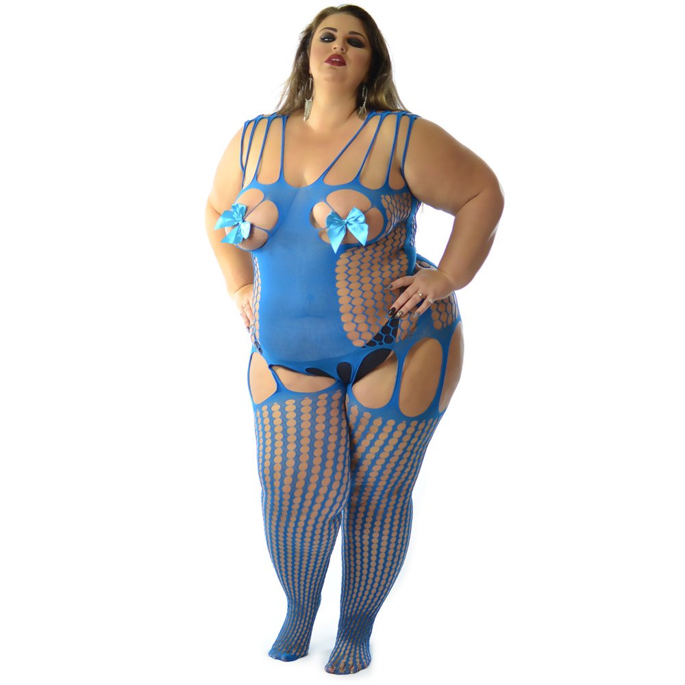 UK 8-26 Quality Black Burgundy Teal Peekaboo Ribbon Bows Fishnet Tights Stockings Horsiery Catsuit Bodystocking Naughty Open Bust Plus Princess Lace® (BOW teal +UK 8-26)