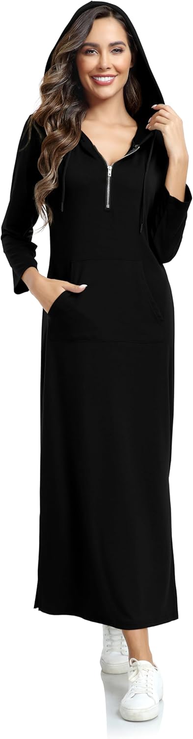 Jacansi Women Zip Up Pullover Hoodie Maxi Dress 3/4 Sleeve Lightweight Slim Split Drawstring Sweatshirt Kangaroo Pocket - Image 6