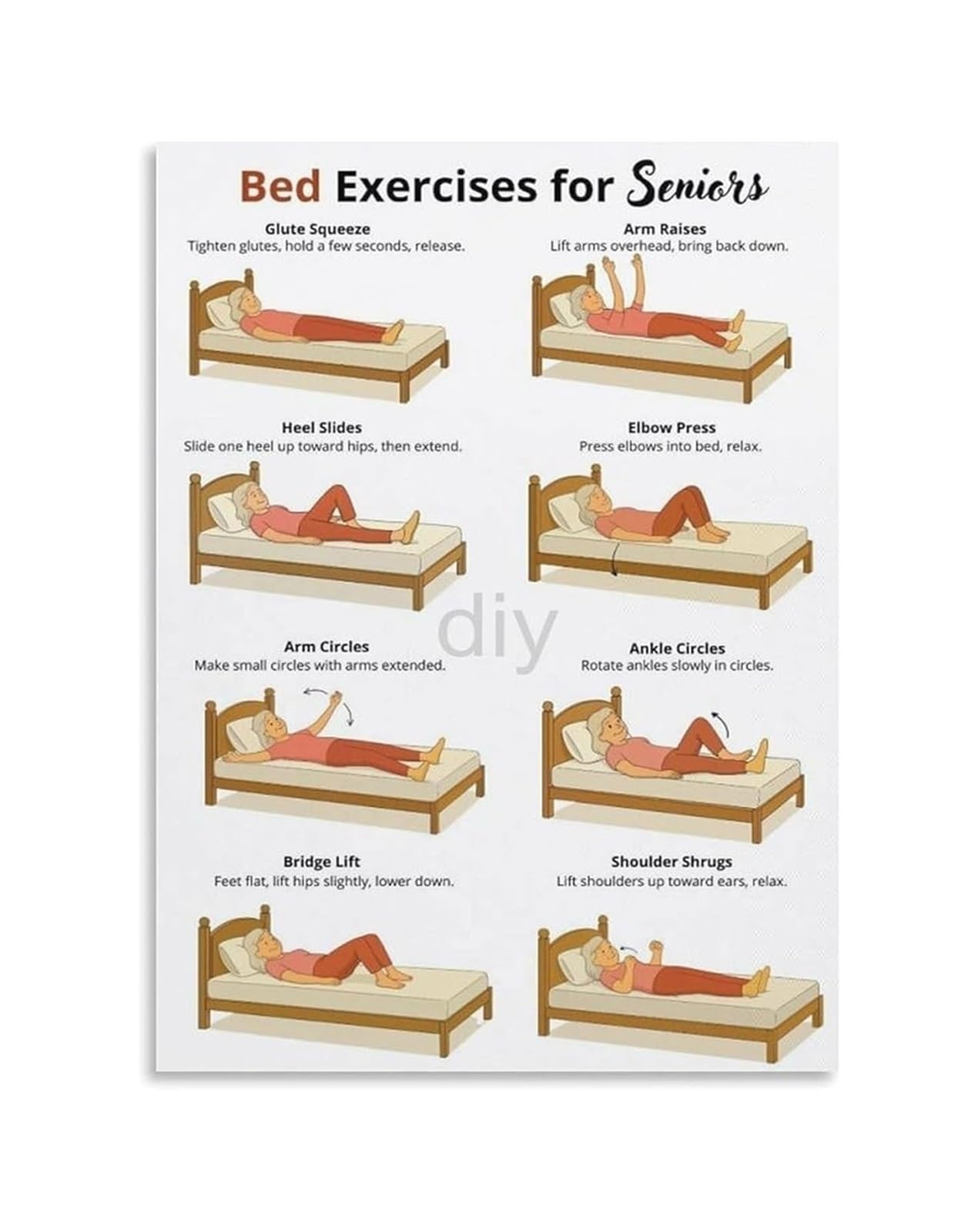 Xginerfex Unframed Senior Fitness Chart Bed Exercises For Elderly Low Impact Workout Routine Wall-Art For Home Bedroom Decor(,08X12inch(20X30cm))