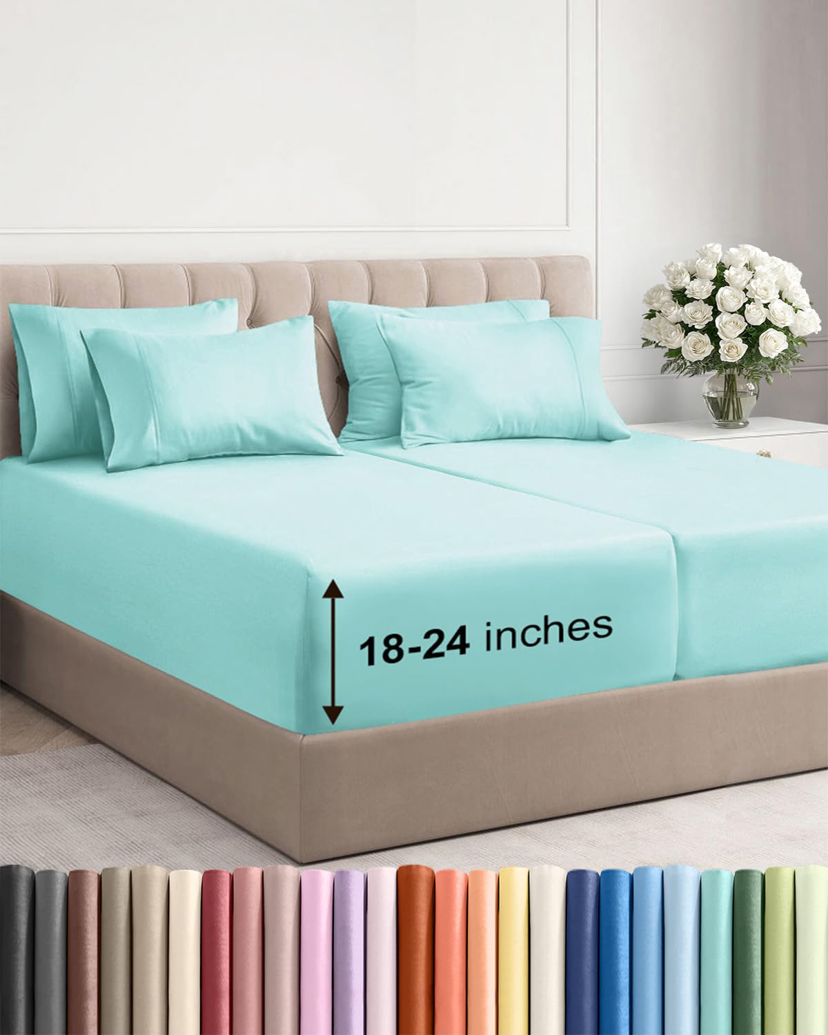 Extra Deep Split King Sheet Set - 7 Piece Breathable and Cooling Sheets - Hotel Luxury Bed Sheets Set - Easy Fit - Soft, Wrinkle Free and Comfy Sheets Set - Spa Blue Sheet Set with Extra Deep Pockets — image 1