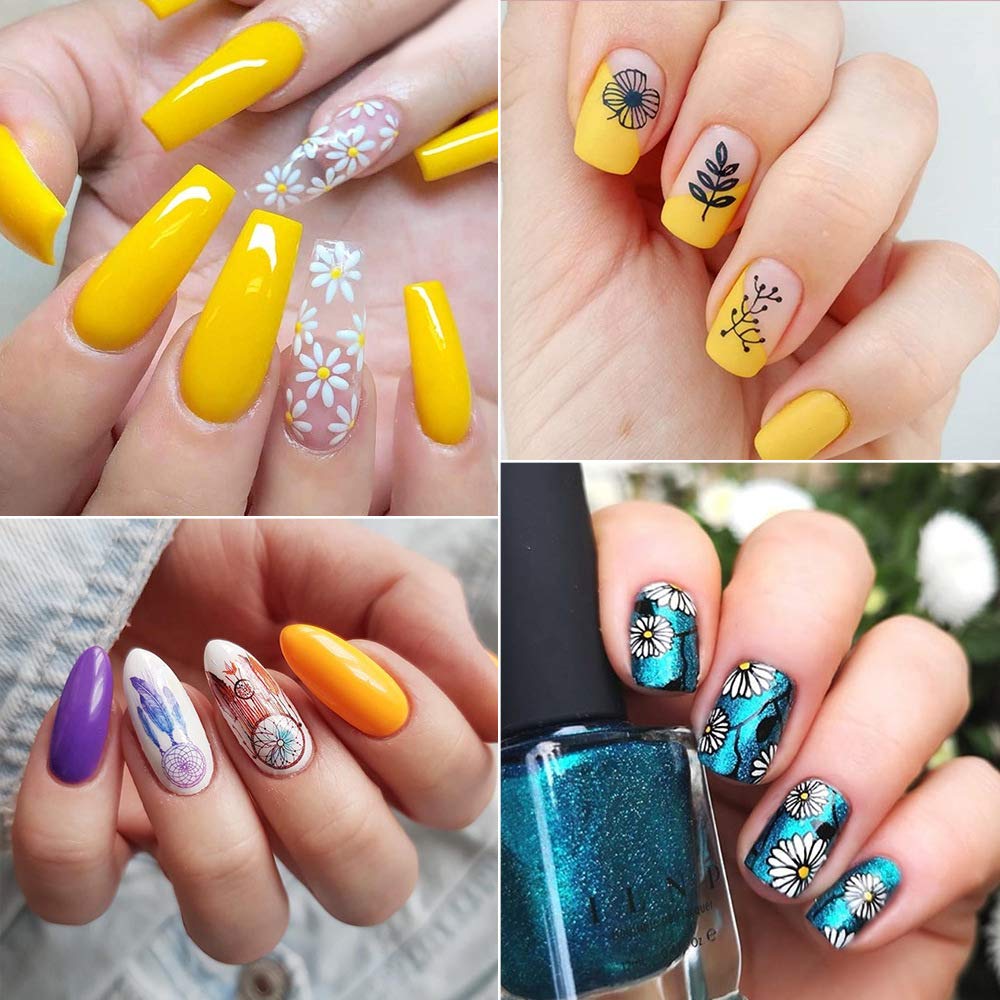 Set di 6 piastre per nail art, con 1 timbro trasparente, 1 raschietto (acchiappasogni, erba, motivi, foglie, coniglio, gatto)