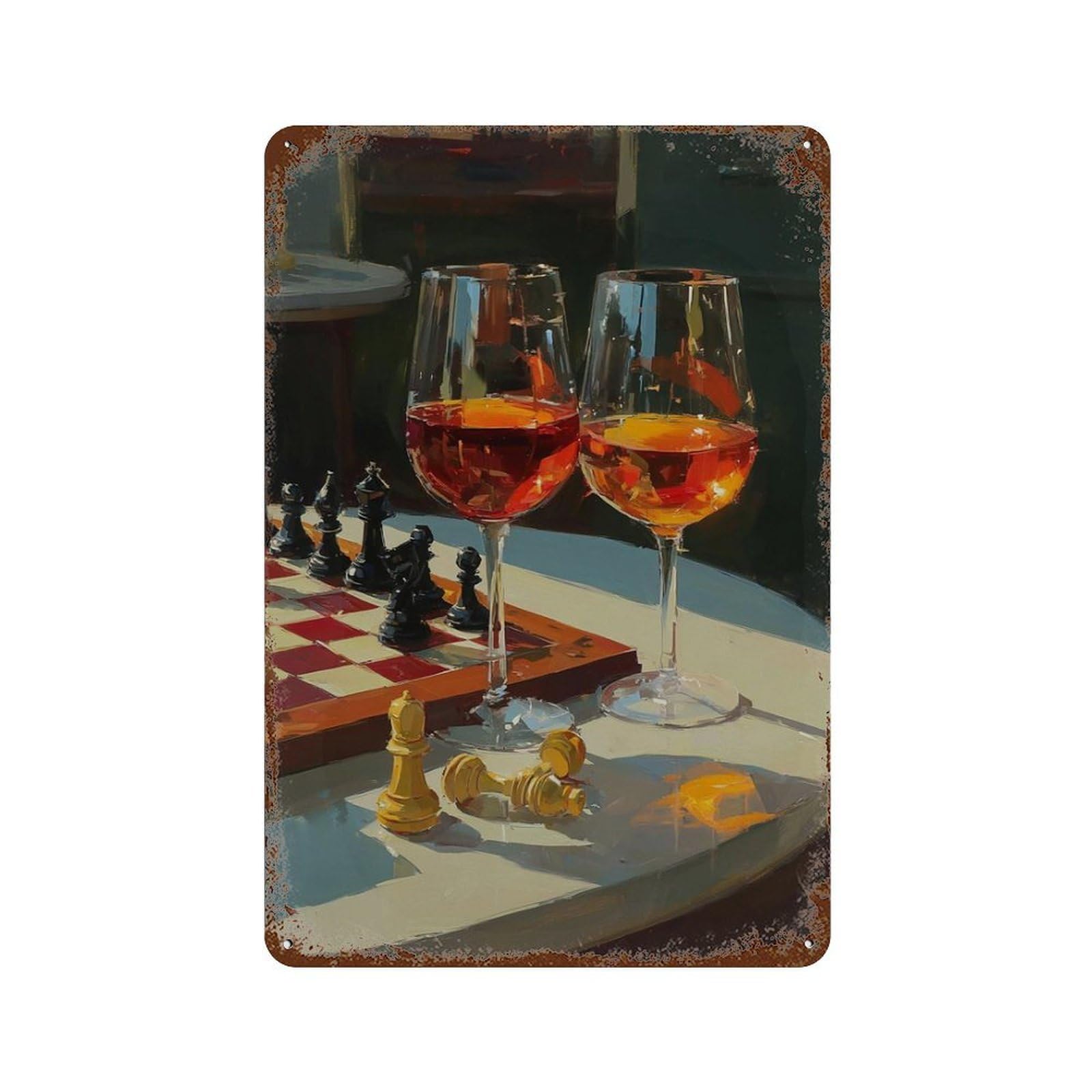 xiaoxiaoshen Chess And Wine Painterly Warm Still Life Wall Decor Art Metal Tin Poster Modern Home Decor Art Home Bar Shop Decorations Vintage Sign 30x20cm