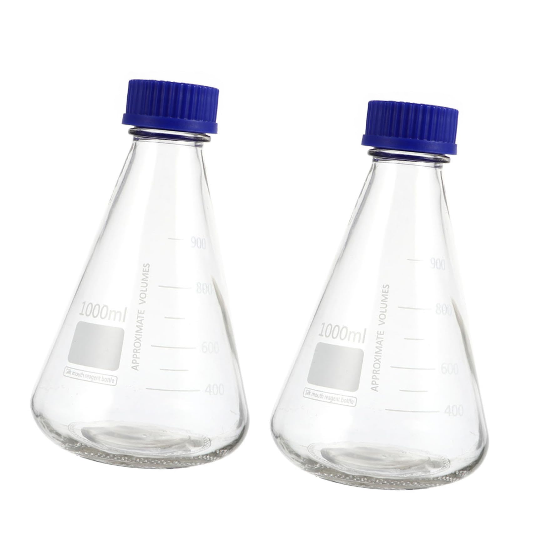 Set 2 Pezzi Bottiglie Coniche per Reagenti in Vetro Borosilicato da 1000ml Tappo, Graduato e Stabile, per Laboratori e Lezioni Scientifiche